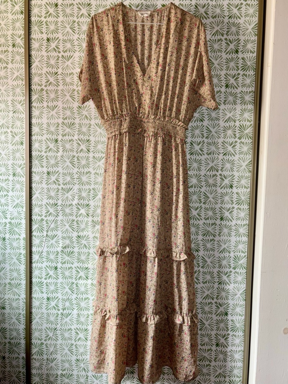 Beige Floral Maxi Dress with Pink Accents — Smocked Waist, V-Neck